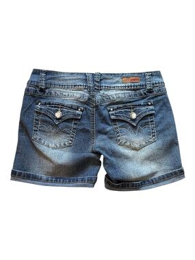 BONGO Y2K Low Rise Denim Shorts Size 9 Rhinestone Flap Pocket Embroidered EUC